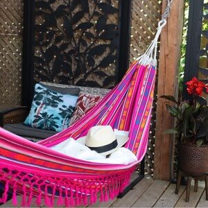 Handmade Ecuadorian Boho Style Fuchsia Pink Hammock with Fringe